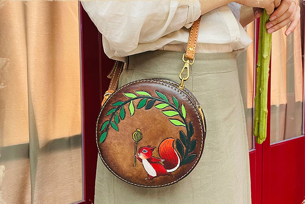 Cute Embossed Leather Circle Bag Hand Painted Side Bags For Women Designer