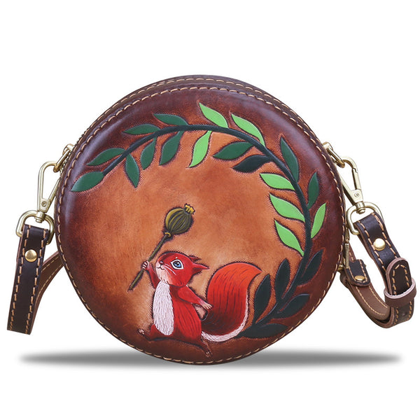 Cute Embossed Leather Circle Bag Hand Painted Side Bags For Women Genuine-Leather