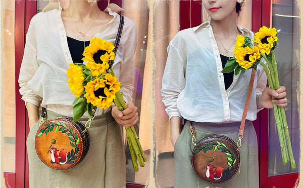 Cute Embossed Leather Circle Bag Hand Painted Side Bags For Women Gift
