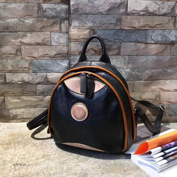 Cute Ladies Genuine Leather Backpack Purse Small Leather Rucksack for Women Black
