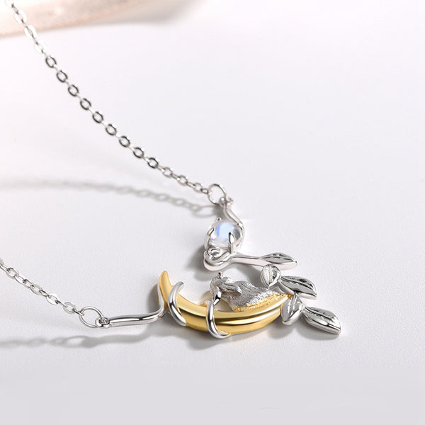 Cute Ladies Sterling Silver Bunny Moonstone Pendant Necklace June Birthstone for Women