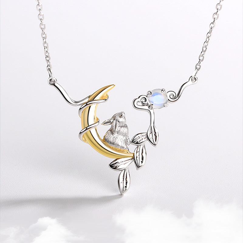 Cute Ladies Sterling Silver Bunny Moonstone Pendant Necklace