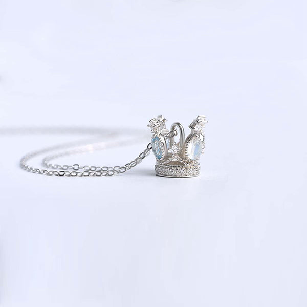 Cute Ladies Sterling Silver Moonstone Topaz Crown Pendant Necklace for Women
