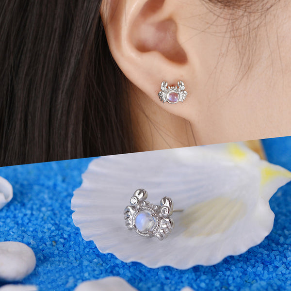 "Cute Ocean Crab Shaped Silver Blue Moonstone Stud  Earrings June Birthstone Jewelry for Women Boutique"