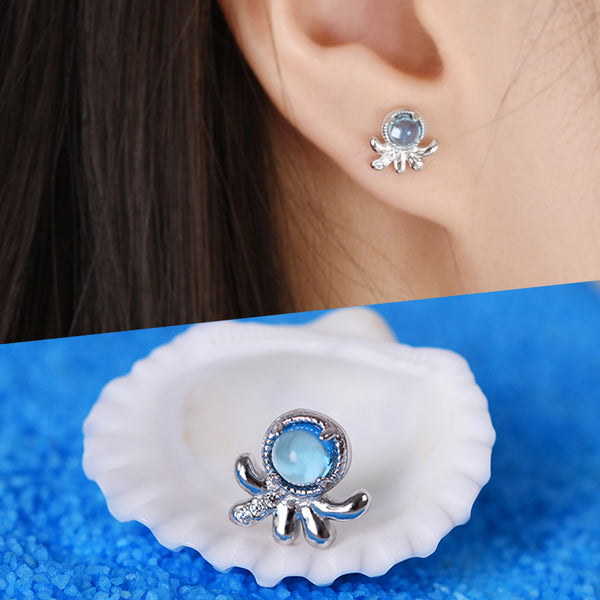 "Cute Ocean Crab Shaped Silver Blue Moonstone Stud  Earrings June Birthstone Jewelry for Women Cute"