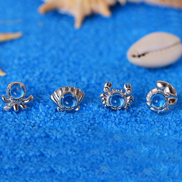 Cute Ocean Crab Shaped Silver Blue Moonstone Stud  Earrings June Birthstone Jewelry for Women Gift