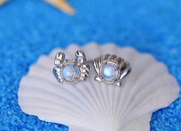 Cute Ocean Crab Shaped Silver Blue Moonstone Stud  Earrings June Birthstone Jewelry for Women Original