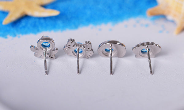 Cute Ocean Crab Shaped Silver Blue Moonstone Stud  Earrings June Birthstone Jewelry for Women Small
