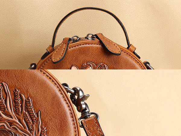 Cute Women's Embossed Genuine Leather Circle Crossbody Bag Handbags For Women Cowhide
