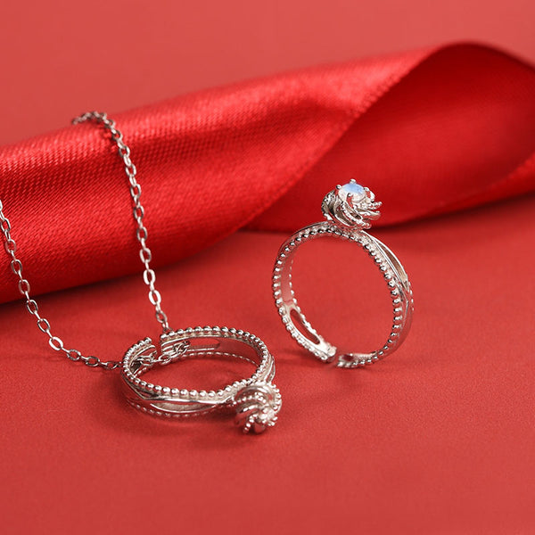 Cute Women's Fashion Diamond Rings Unique Moonstone Ring Pandant Necklace for Women
