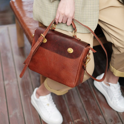 PARRYS LEATHER WORLD Handmade Vintage Leather Tote Bag - Black Crossbody Purse With Brass Hardware