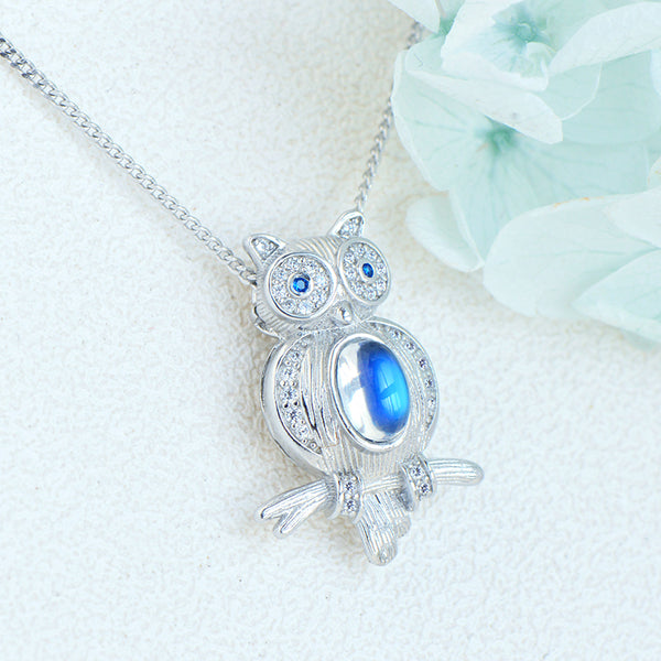 Cute Womens Blue Moonstone Silver Owl Pendant Necklace Accessories