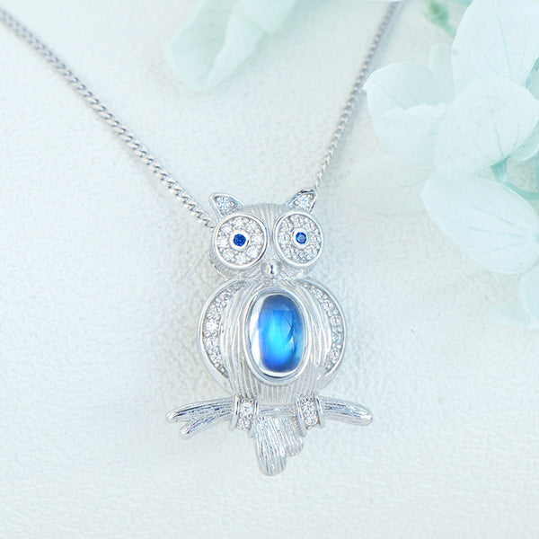 Cute Womens Blue Moonstone Silver Owl Pendant Necklace