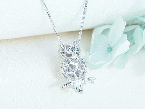 Cute Womens Blue Moonstone Silver Owl Pendant Necklace Back