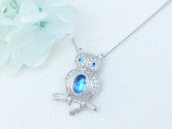 Cute Womens Blue Moonstone Silver Owl Pendant Necklace Beautiful