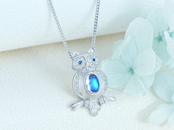 Cute Womens Blue Moonstone Silver Owl Pendant Necklace Chic