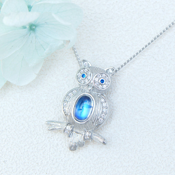 Cute Womens Blue Moonstone Silver Owl Pendant Necklace Elegant