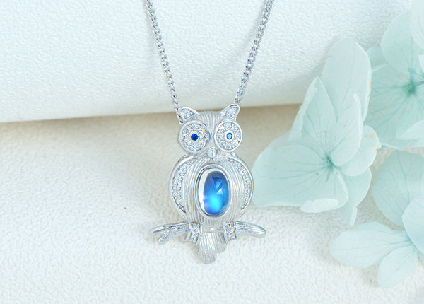 Cute Womens Blue Moonstone Silver Owl Pendant Necklace Quality