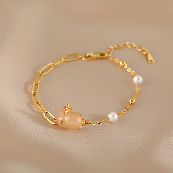 Cute Womens Bunny Shaped Jade Bracelet Real Pearl Bracelet Gold Plated Accessories