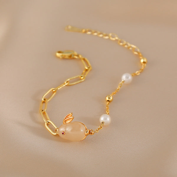 Cute Womens Bunny Shaped Jade Bracelet Real Pearl Bracelet Gold Plated Aesthetic