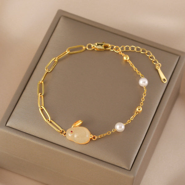 Cute Womens Bunny Shaped Jade Bracelet Real Pearl Bracelet Gold Plated Affordable