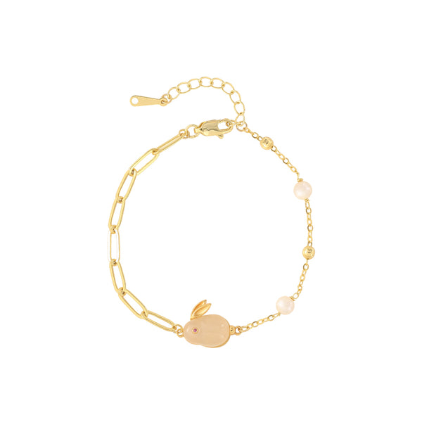 Cute Womens Bunny Shaped Jade Bracelet Real Pearl Bracelet Gold Plated Chic