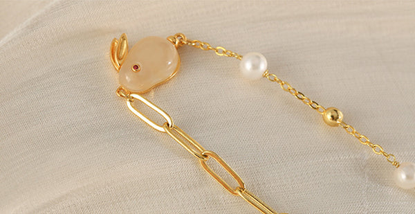 Cute Womens Bunny Shaped Jade Bracelet Real Pearl Bracelet Gold Plated Online