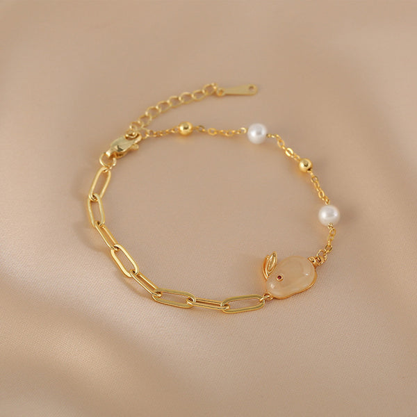 Cute Womens Bunny Shaped Jade Bracelet Real Pearl Bracelet Gold Plated Quality