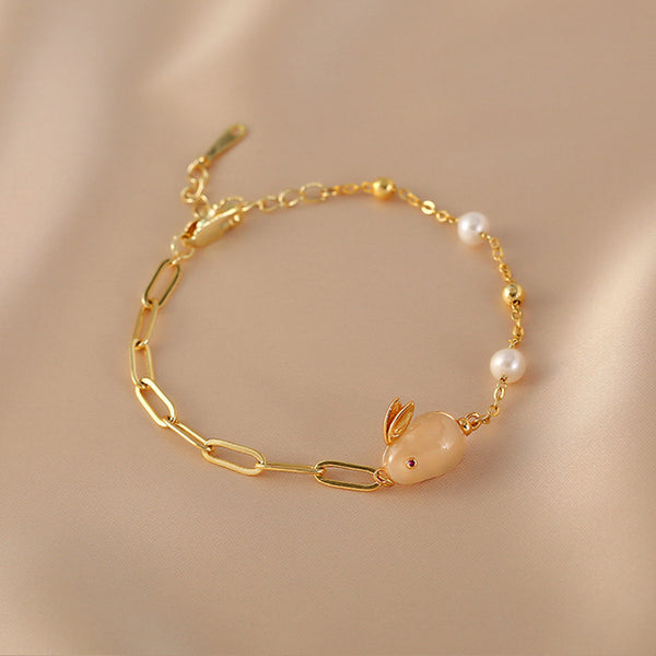 Cute Womens Bunny Shaped Jade Bracelet Real Pearl Bracelet Gold Plated Unique