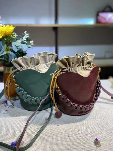 Cute Womens Genuine Leather Bucket Bags Cross Shoulder Bag For Women Chic