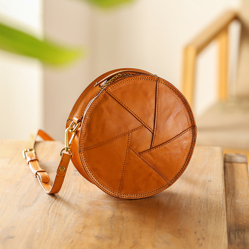 Cute Womens Leather Circle Bag Brown Leather Crossbody Bag with Chain Handle, Brown