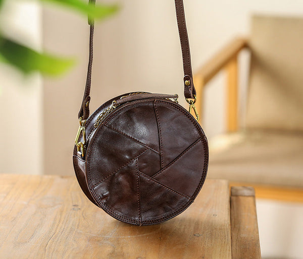 Cute Womens Leather Circle Bag Brown Leather Crossbody Bag With Chain Handle Black