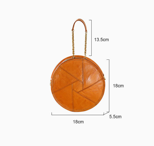Cute Womens Leather Circle Bag Brown Leather Crossbody Bag With Chain Handle Chic
