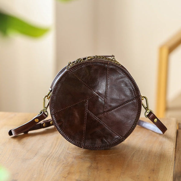Cute Womens Leather Circle Bag Brown Leather Crossbody Bag With Chain Handle Designer