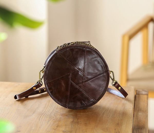 Cute Womens Leather Circle Bag Brown Leather Crossbody Bag With Chain Handle Designer