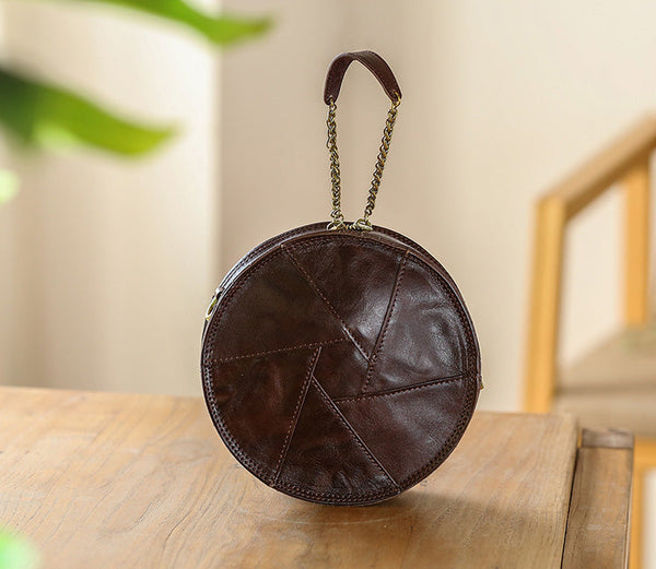 Cute Womens Leather Circle Bag Brown Leather Crossbody Bag With Chain Handle Nice