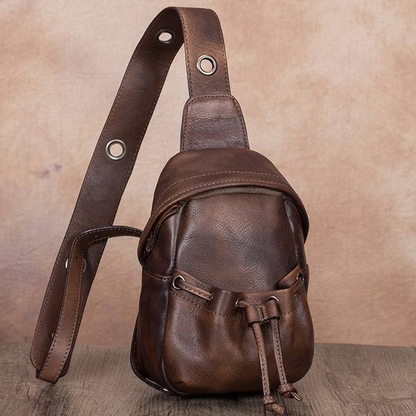 Vintage Womens Brown Leather Chest Sling Bag Cross Shoulder Bag For Women