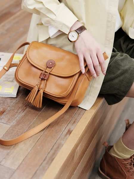 Cute Womens Leather Satchel Purse Brown Shoulder Bag With Tassels