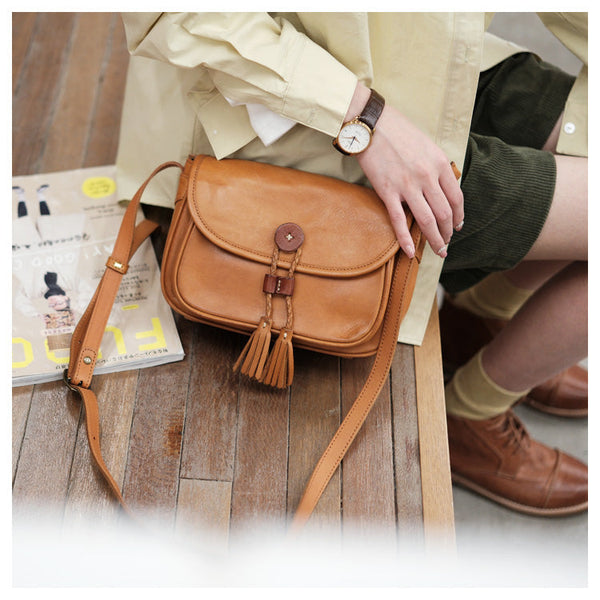 Cute Womens Leather Satchel Purse Brown Shoulder Bag With Tassels Brown