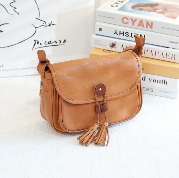 Cute Womens Leather Satchel Purse Brown Shoulder Bag With Tassels Designer