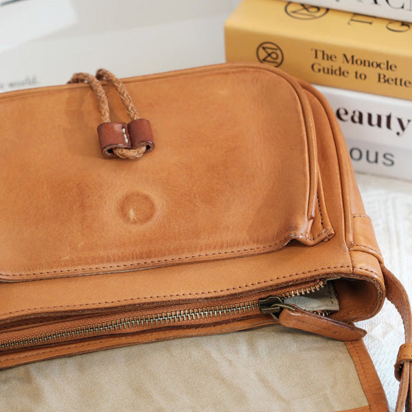 Cute Womens Leather Satchel Purse Brown Shoulder Bag With Tassels Minimalist
