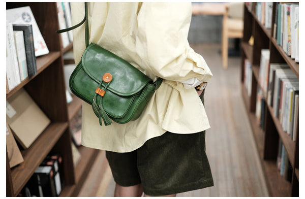 Cute Womens Leather Satchel Purse Brown Shoulder Bag With Tassels Trendy
