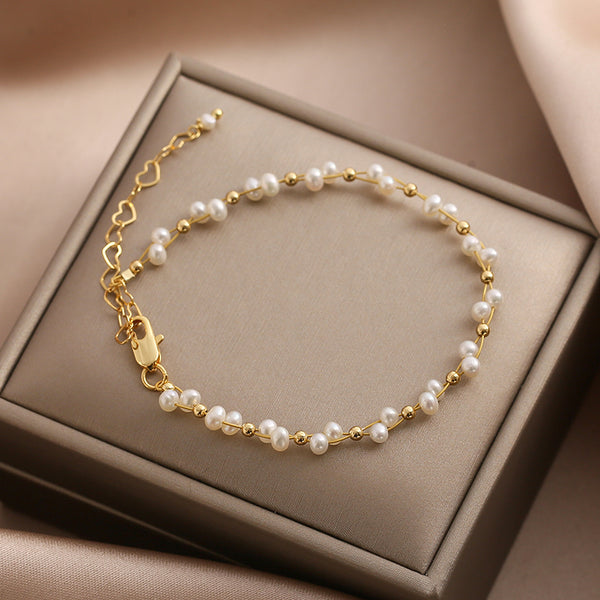 Cute Womens Pearl Bead Bracelet 14K Gold Plated Beaded Bracelets For Women Accessories