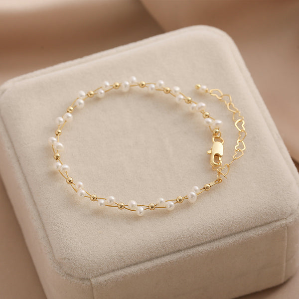 Cute Womens Pearl Bead Bracelet 28K Gold Plated Beaded Bracelets For Women Casual