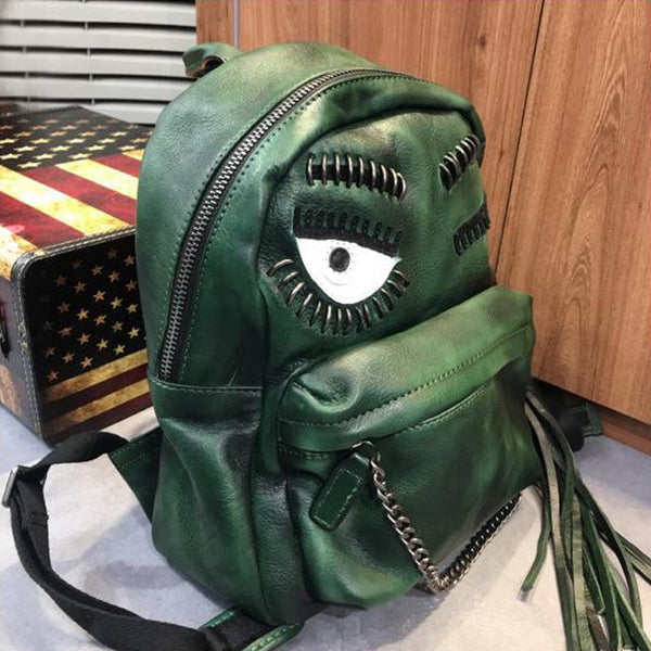 Handmade Womens Green Leather Backpack Purse Leather Rucksack for Women
