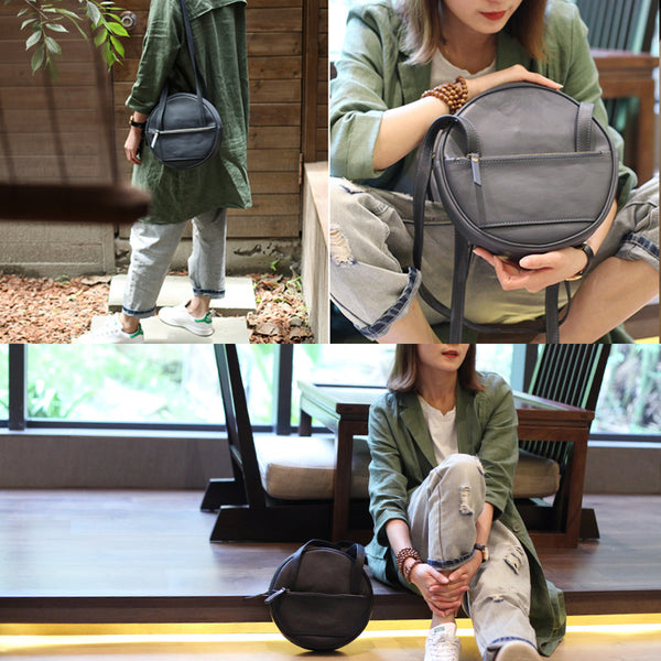 Designer Ladies Round Shoulder Bag Leather Circle Backpack Bag Purse cowhide