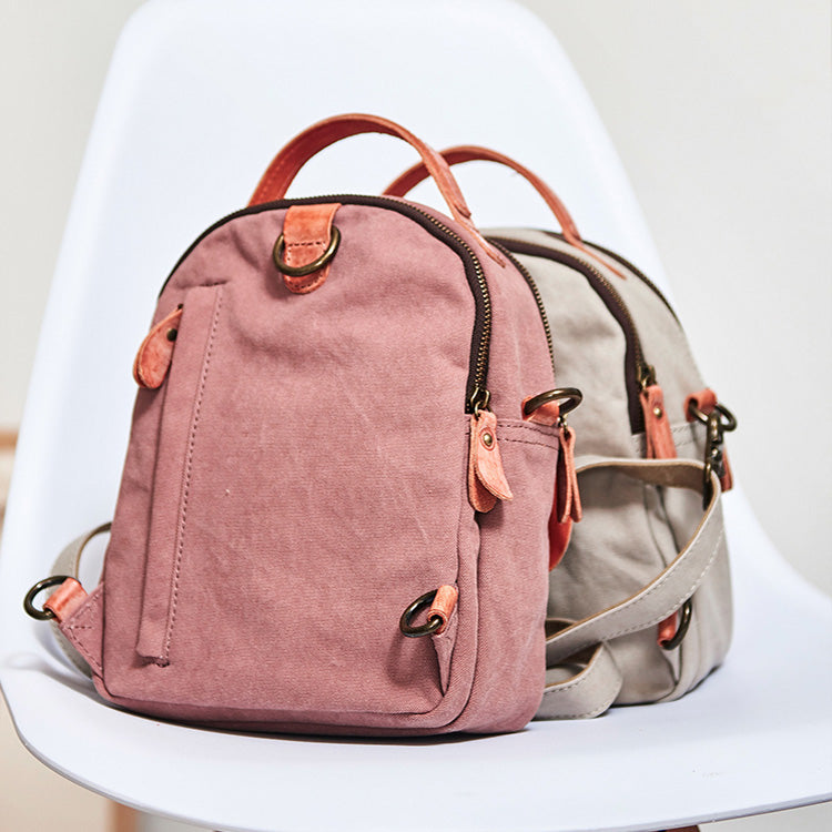 Small Womens Pink Canvas Leather Backpack Purse Handbags Shoulder