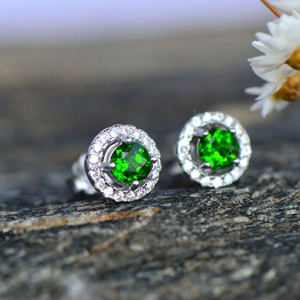 Diopside Stud Earrings Gold Silver Handmade Jewelry Accessories Gifts Women halo jewelry
