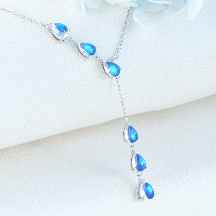 Drop Shaped Blue Moonstone Pendant Silver Y Necklace For Women Accessories