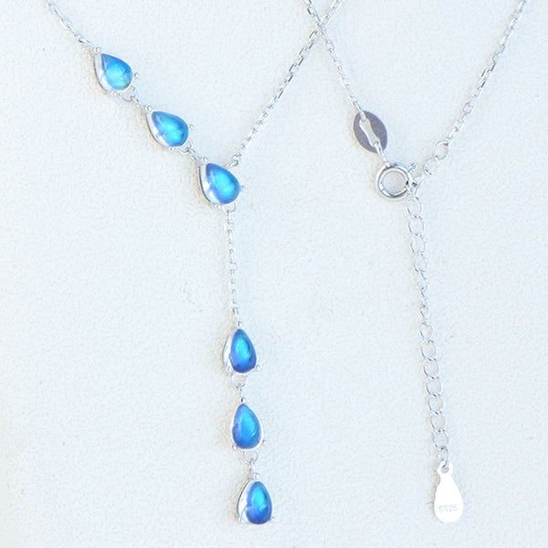 Drop Shaped Blue Moonstone Pendant Silver Y Necklace For Women Aesthetic